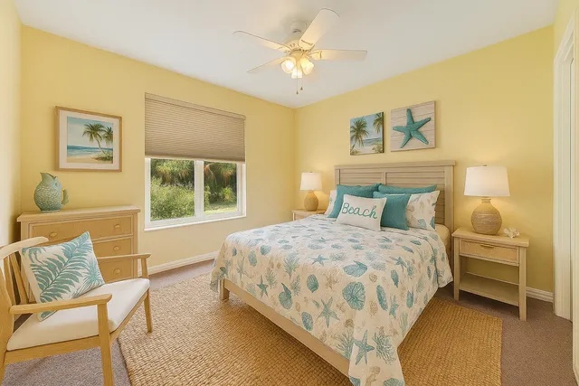 a bedroom with a bed a chair and next to a window