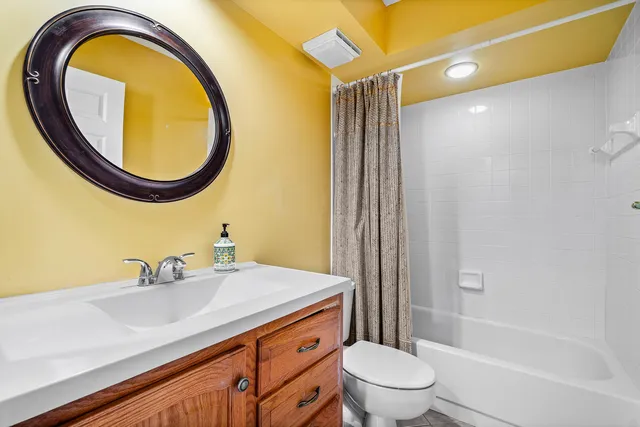 a bathroom with a sink a mirror a toilet and a shower