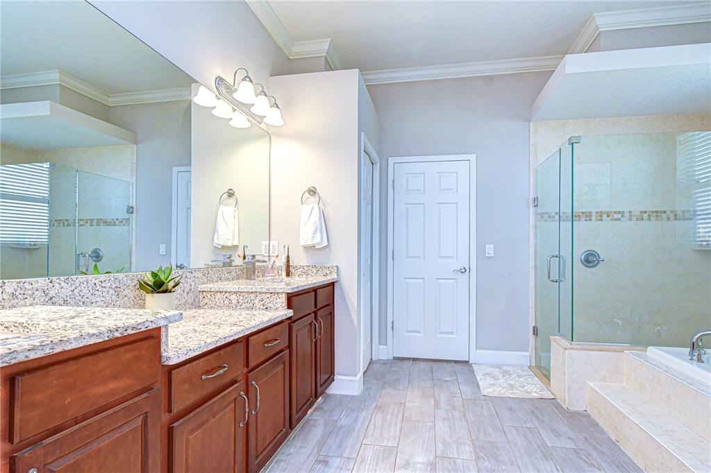 14112 Creek Run Drive Riverview, FL 33579 - Photo 21 of 40 a bathroom with a granite countertop sink a large mirror and a shower