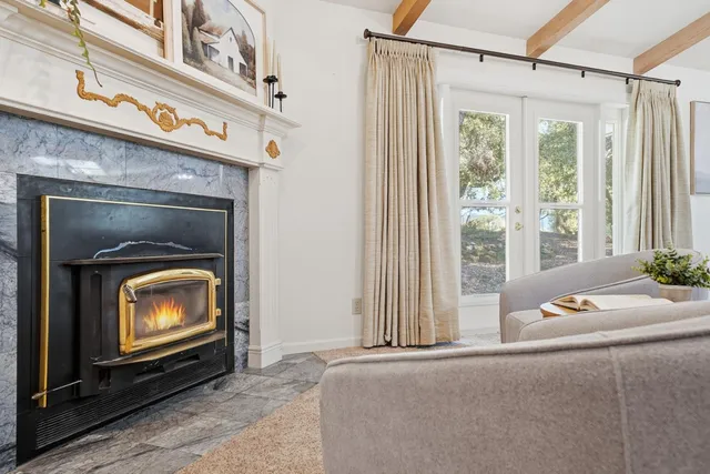 a living room with furniture a couch and potted plant