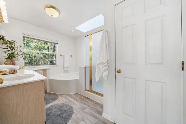 a view of outdoor space with deck and wooden floor