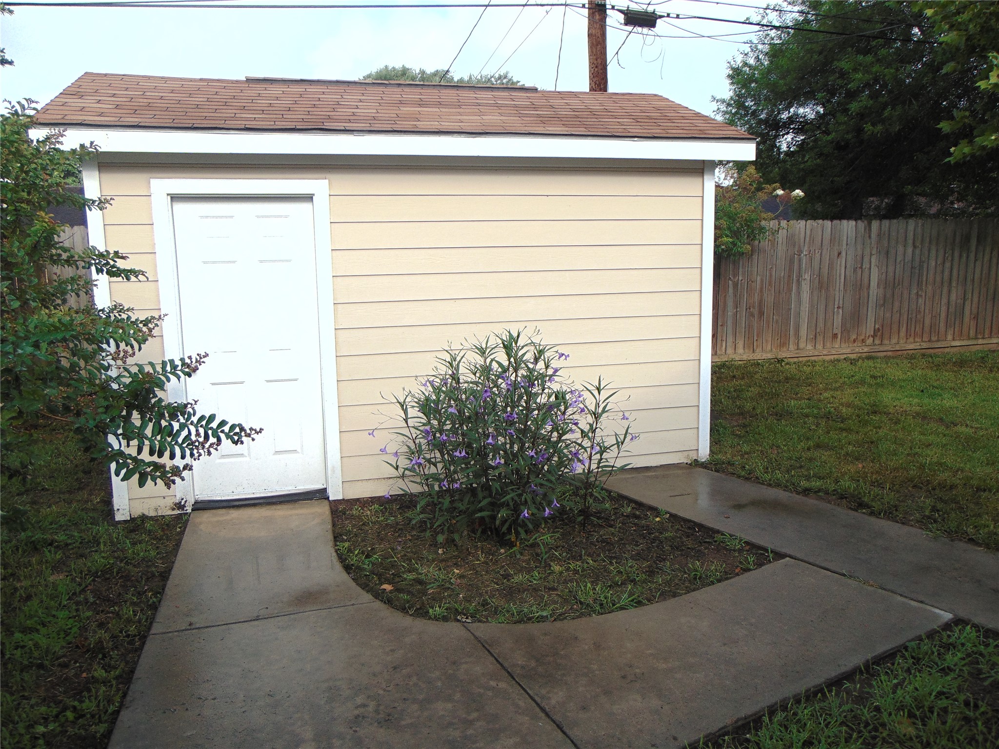 1702 Rampart Street Columbus, TX 78934 - Photo 33 of 38 A quaint backyard shed features clean siding and a neat concrete path leading to its entry.