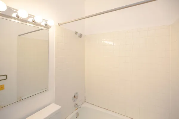 a bathroom with a shower and a toilet