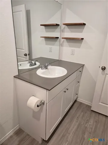 a bathroom with a sink and a mirror