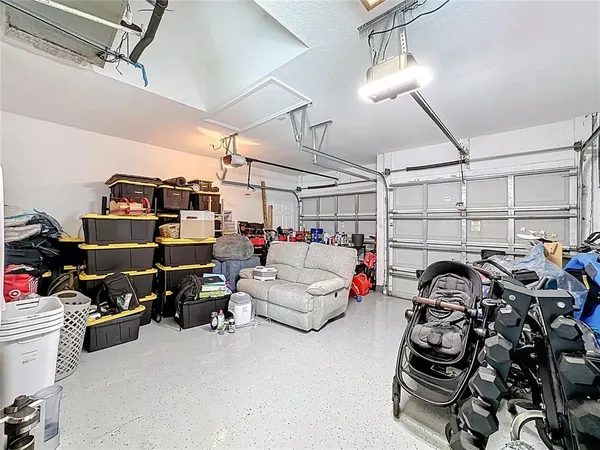 a view of a garage with storage