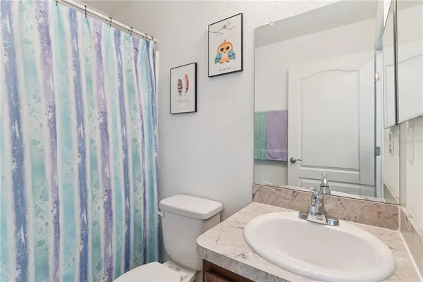 a bathroom with a sink a toilet and shower curtain