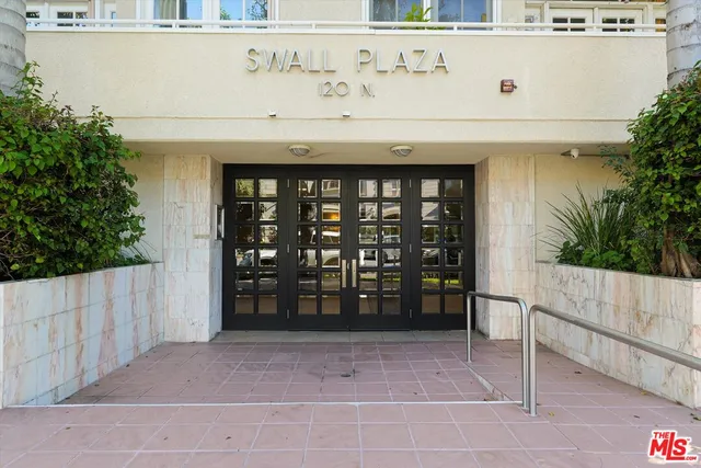 a view of a black and white building