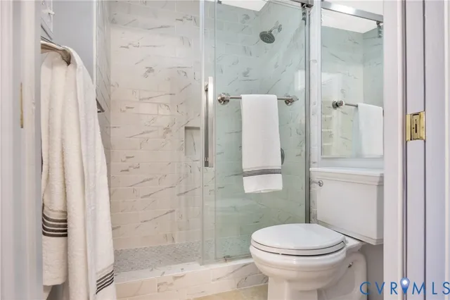 a bathroom with a shower and a toilet