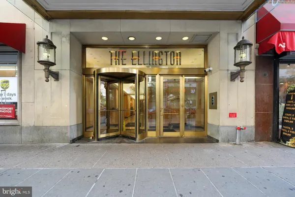 a view of a building with glass door