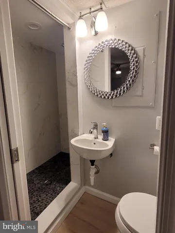 a bathroom with a sink toilet and mirror