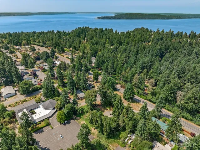 an aerial view of a houses with a yard