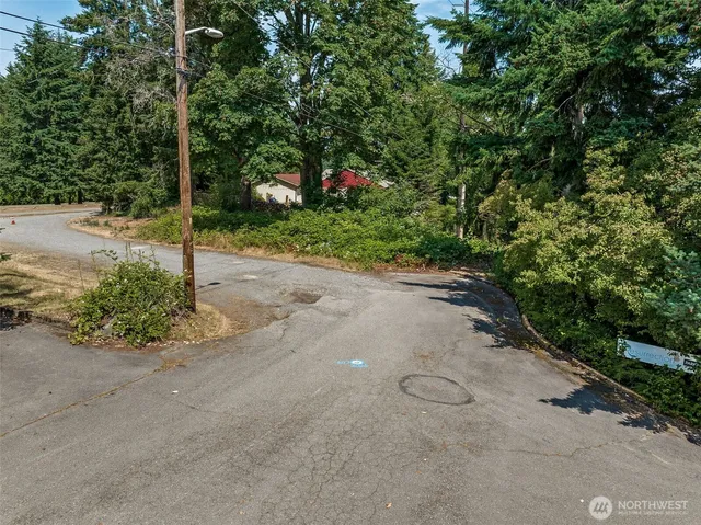 a view of a street with a bench and trees