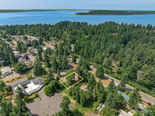an aerial view of a houses with a yard
