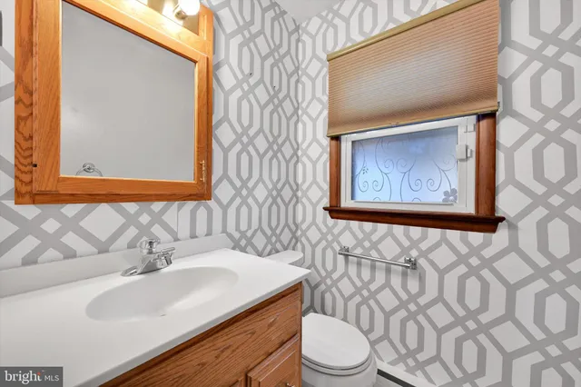 a bathroom with a sink toilet and mirror