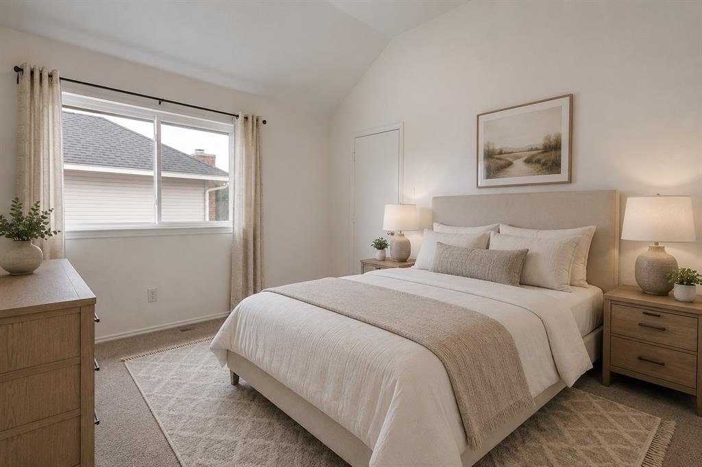 3438 Spring Willow Drive Grapevine, TX 76051 - Photo 16 of 23 Virtual staging. Vaulted ceiling bedroom with a large window, neutral paint, light-toned carpeting, and a built-in closet with a white door
