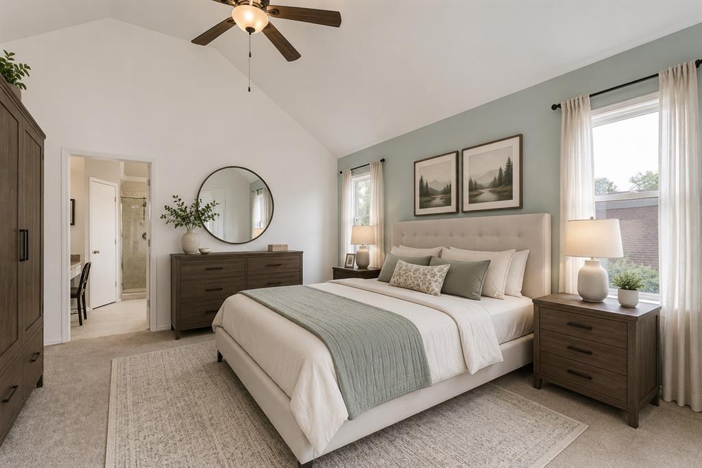 3438 Spring Willow Drive Grapevine, TX 76051 - Photo 8 of 23 Virtually Staged. Spacious bedroom with vaulted ceilings and a ceiling fan