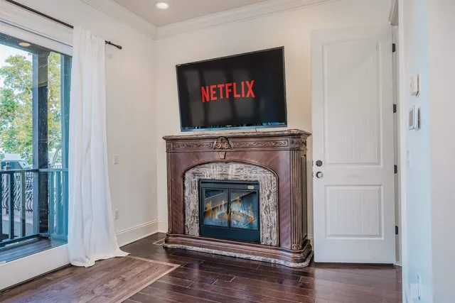 a living room with a fireplace