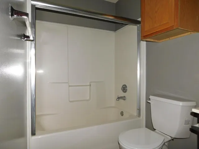 a bathroom with a toilet and a shower