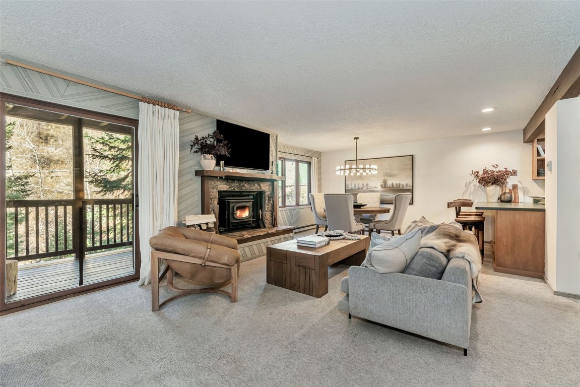 2617 Burgess Creek Road, Unit 102 Steamboat Springs, CO 80487 - Photo 4 of 38 a living room with furniture a fireplace and a flat screen tv
