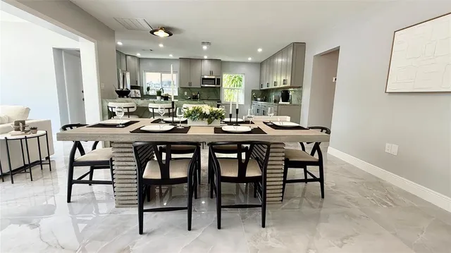 a view of a dining room with furniture