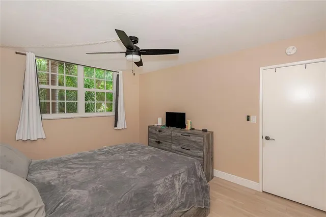 a bedroom with a bed and a flat tv screen on the dresser