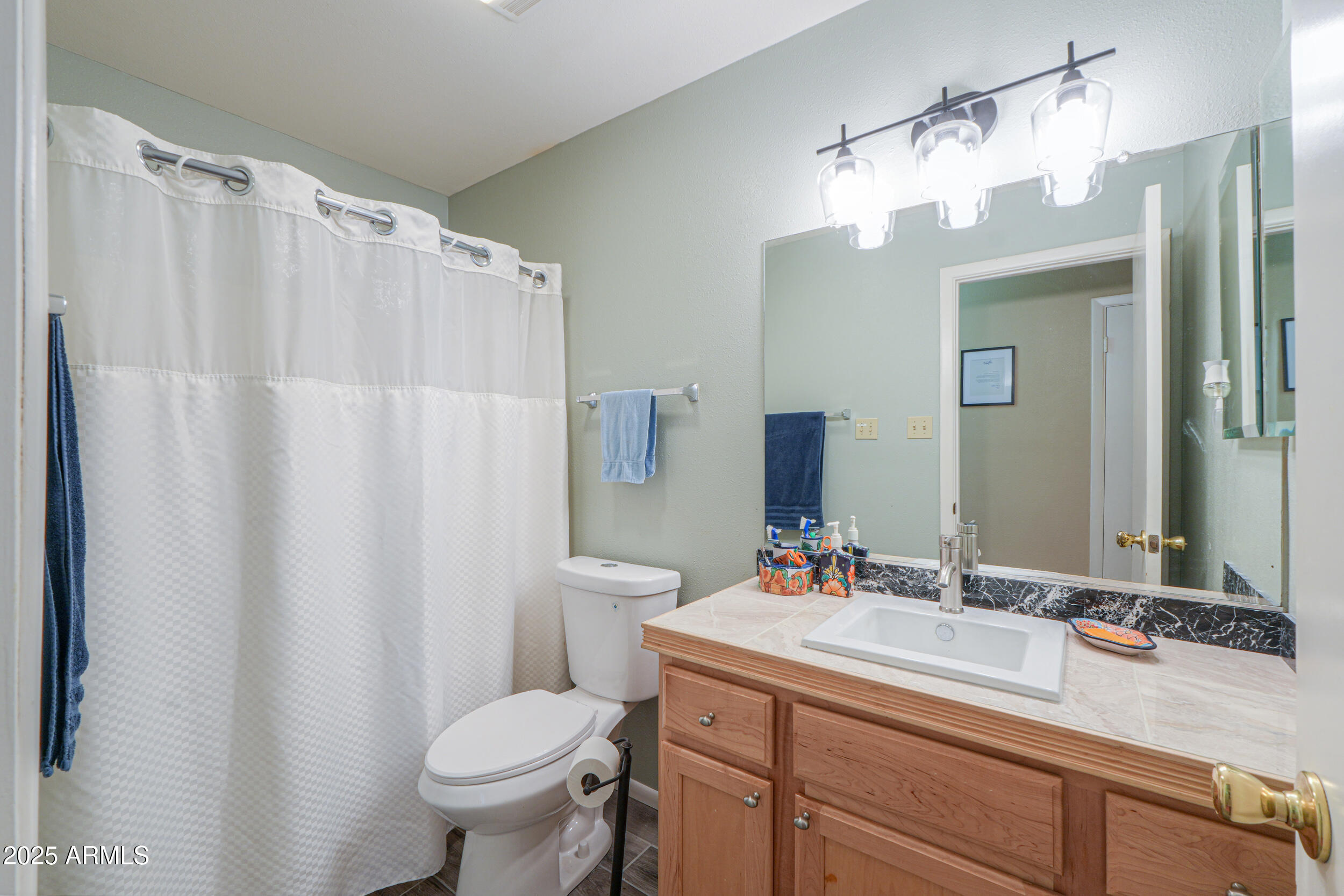 209 South Hidden Valley Road Maricopa, AZ 85139 - Photo 24 of 39 a bathroom with a sink a toilet a mirror a vanity and shower curtain