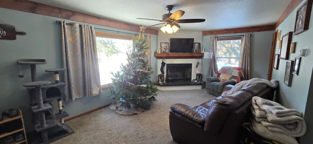 a living room with furniture a window and a fireplace