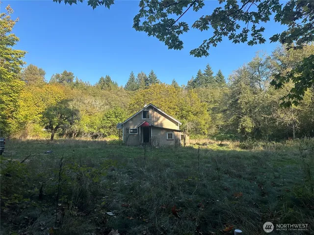 a view of a yard with trees in the background