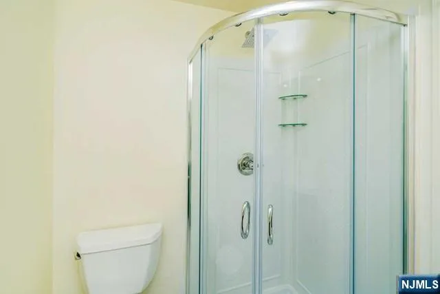 a bathroom with a shower and a toilet