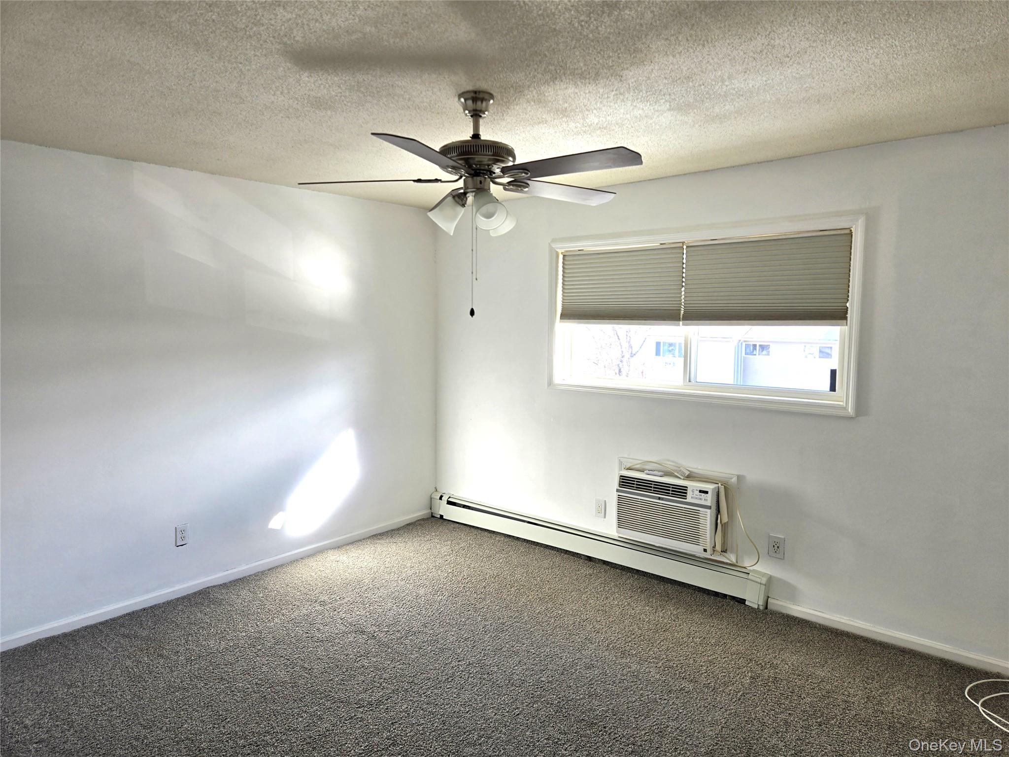 9 Fishkill Glen Drive, Unit F Fishkill, NY 12524 - Photo 7 of 10 Carpeted spare room featuring a textured ceiling, baseboard heating, plenty of natural light, an AC wall unit, and a ceiling fan
