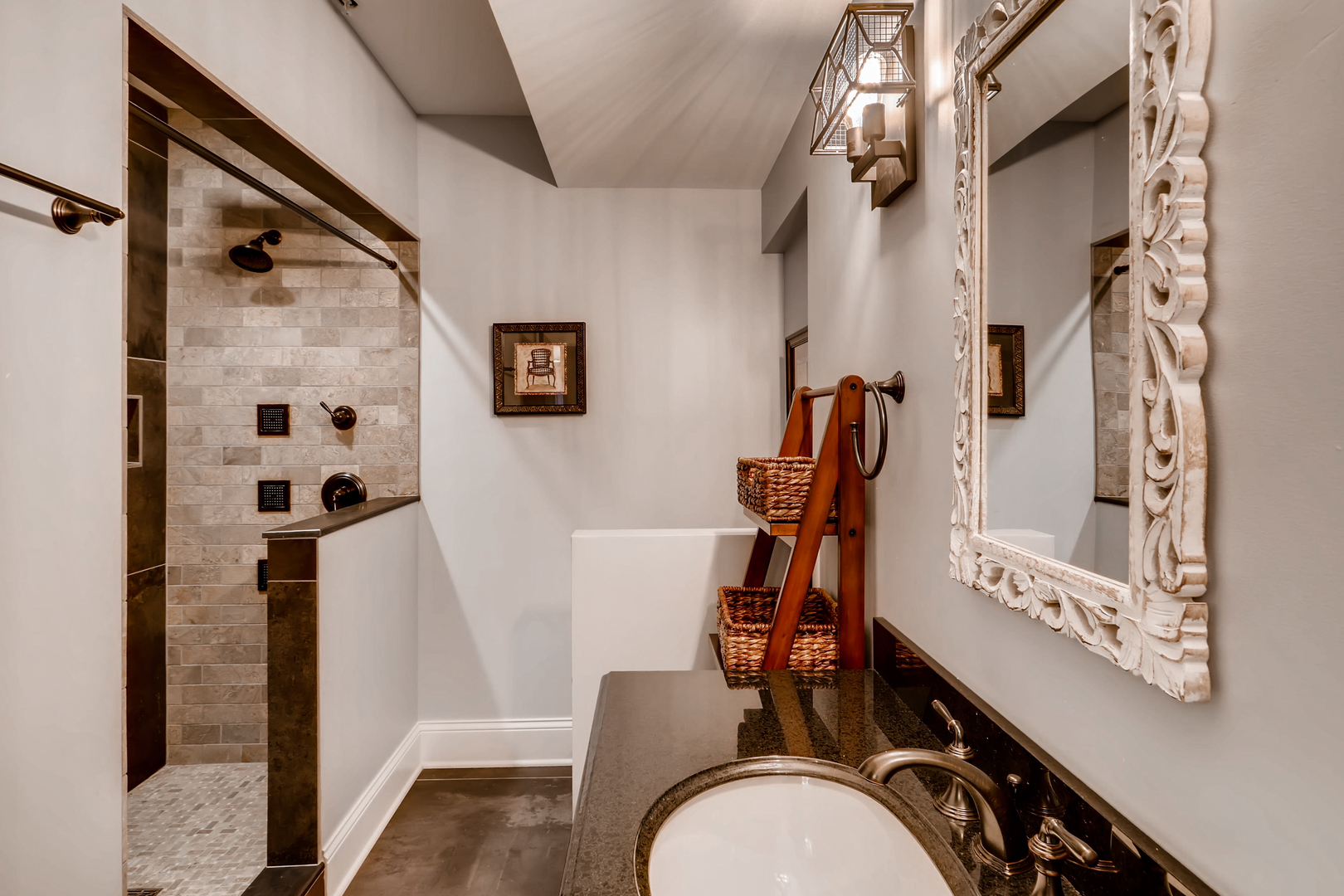 369 Downing Road Riverside, IL 60546 - Photo 32 of 46 a bathroom with a granite countertop sink a toilet and shower
