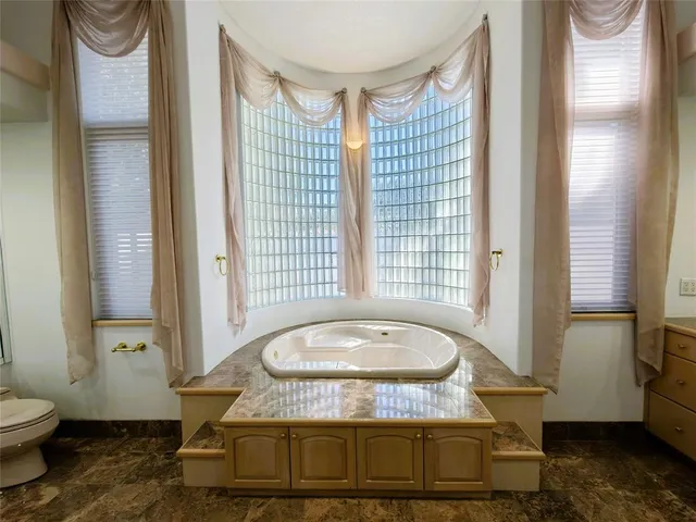 a view of a park with large trees