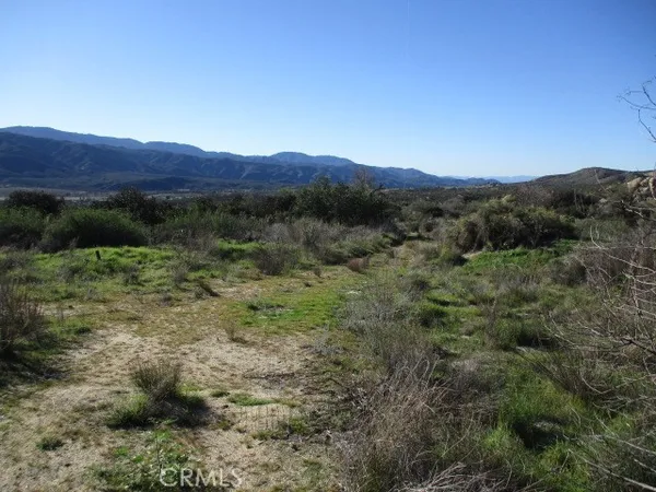 a view of a lush green field with mountains in the background