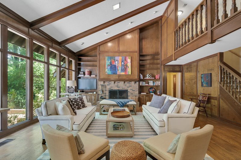 388 South Shady Grove Road Memphis, TN 38120 - Photo 6 of 25 A view of the Living Room. Soaring, beamed ceilings and flooded with natural light! Check out original mill work and the gorgeous random-width hardwoods.