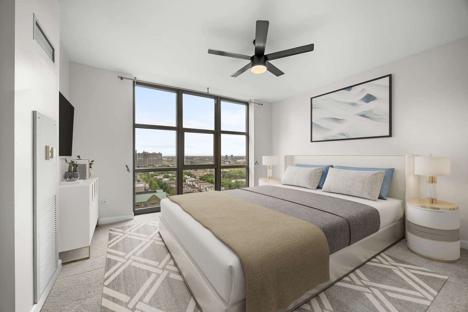 1101 South State Street, Unit 1805 Chicago, IL 60605 - Photo 12 of 21 a bedroom with a large bed and a large window