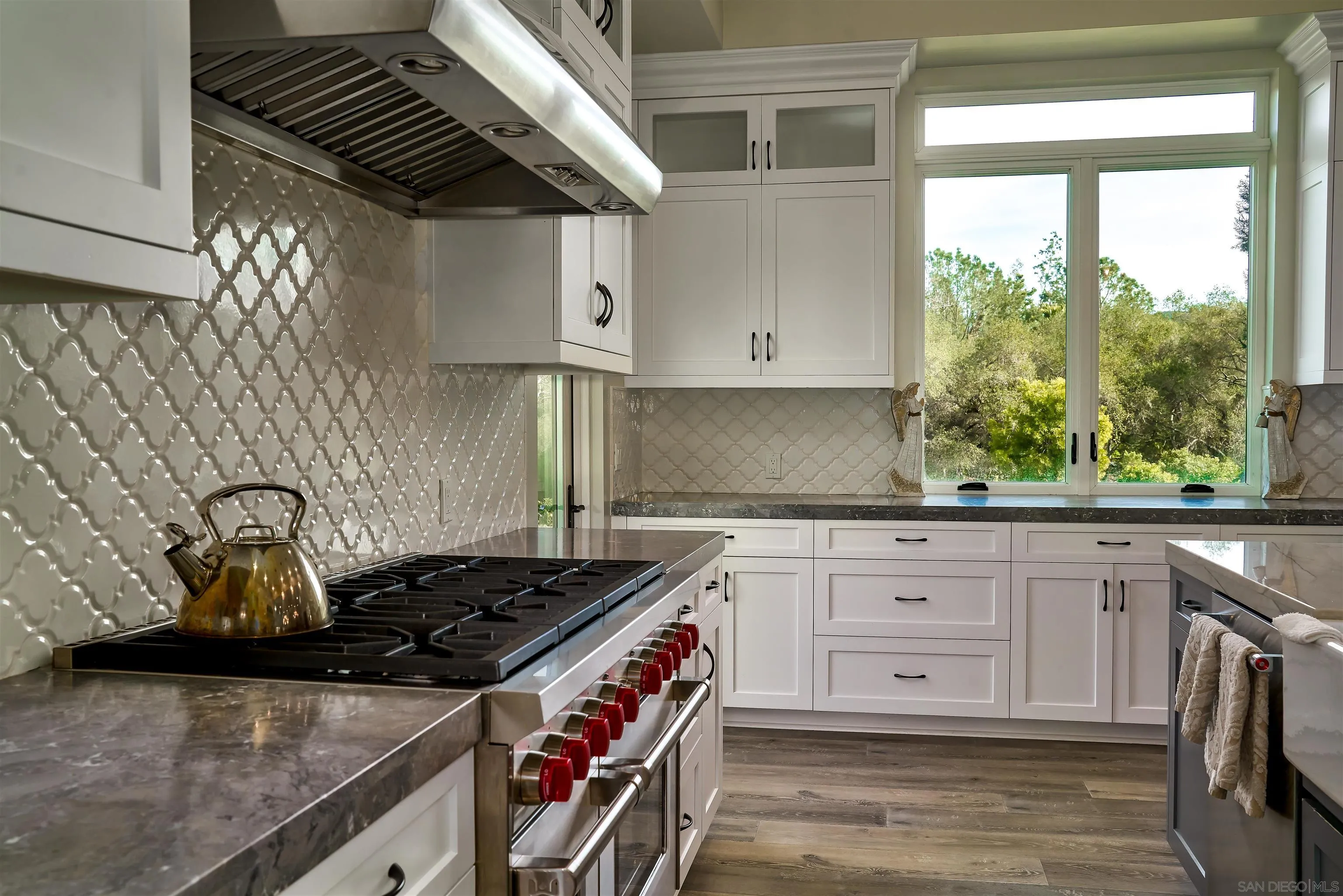 20104 Questhaven Road Elfin Forest, CA 92029 - Photo 17 of 33 a kitchen with stainless steel appliances granite countertop a stove a sink and white cabinets