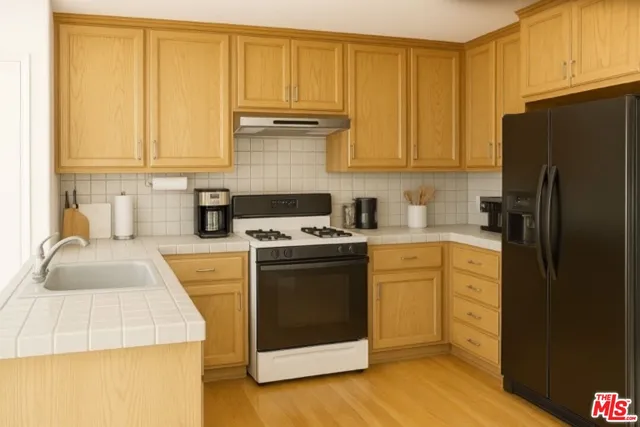 a kitchen with a sink a stove and refrigerator