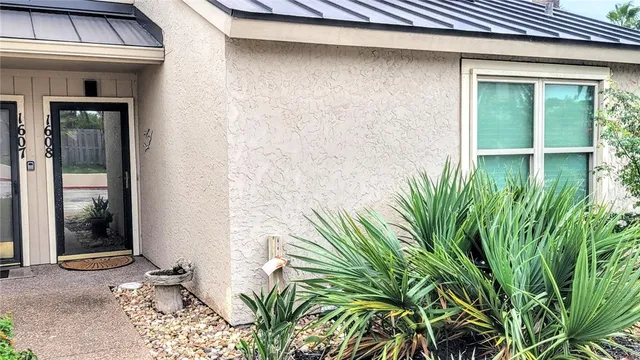 a couple of potted plants in front of door