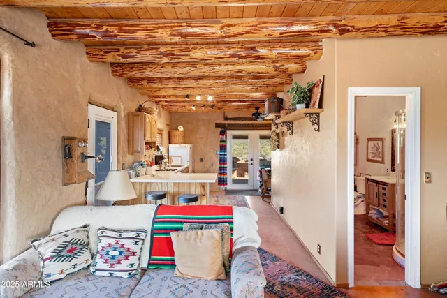 a view of a town with mountains in the background