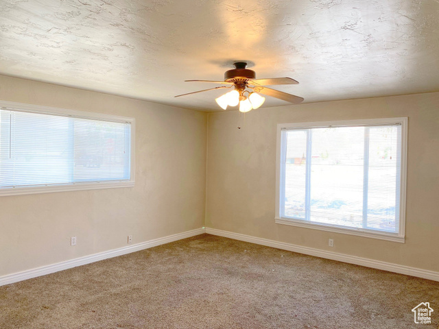 247 West 400 North, Unit 1 Moab, UT 84532 - Photo 21 of 27 Empty room featuring plenty of natural light, carpet flooring, a textured ceiling, and a ceiling fan