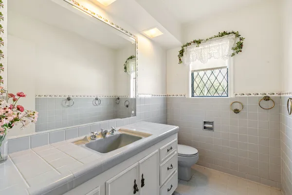 a bathroom with a sink a toilet and mirror
