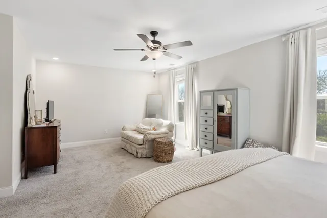 a bedroom with a bed and ceiling fan