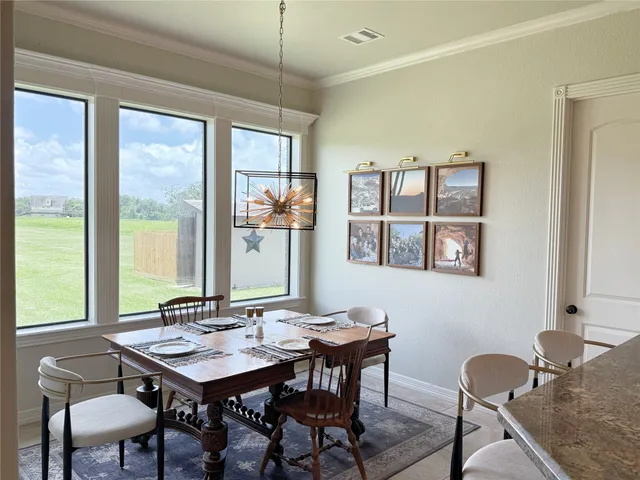 a view of a dining room with furniture window and outside view