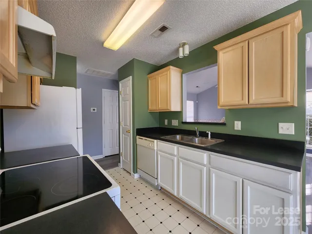 a kitchen with granite countertop a sink cabinets and stainless steel appliances