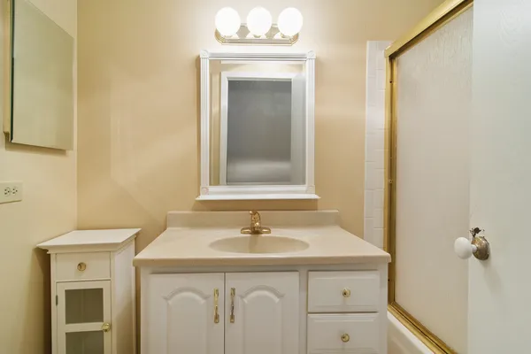 a bathroom with a sink vanity and a mirror
