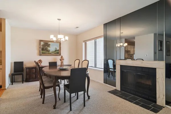 a view of a dining room with furniture