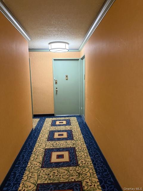 220-55 46th Avenue, Unit 10D Queens, NY 11361 - Photo 6 of 32 Hallway featuring a textured ceiling and ornamental molding