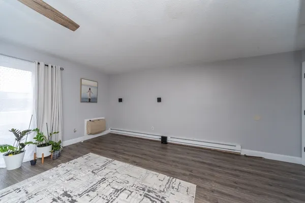 a view of a room with wooden floor and a potted plant
