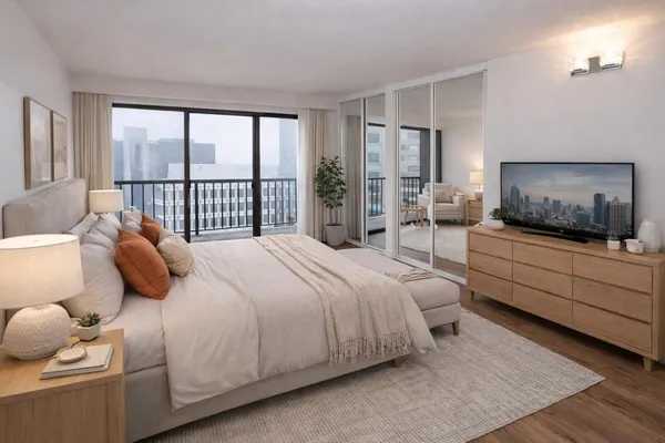 a bedroom with a bed and a potted plant