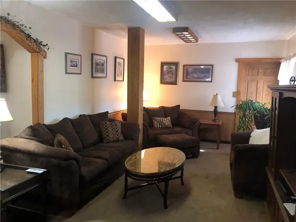 a living room with furniture a couch and a potted plant
